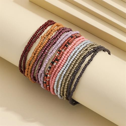 18Pcs Boho Stackable Beaded Bracelets for Women Colorful Handmade Multilayered Rice Beads Anklets Set Summer Beach Bohemian Jewelry Gift - color: Style 1 Brown