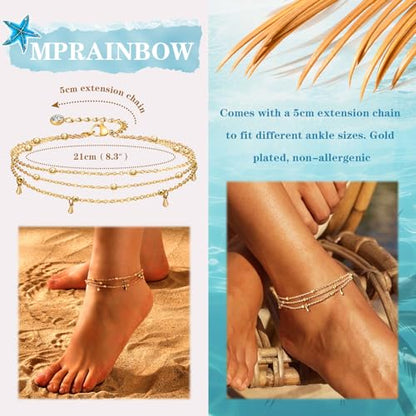MPRAINBOW Waterproof Gold Anklets for Women - 14k Gold Plated Ankle Bracelets,Summer Beach Surf Foot Chain Multilayered Stacked Bracelet Anklet Set,Layered Trendy Jewelry for Girlfriend - color: Multilayered
