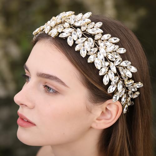 Missgrace Women Silver Green Black Red Blue Handmade Full Crystal Rhinestone Large Headband Hair Vine Shinny Headpiece Bridal Wedding Hair Accessories for Women (Gold plated) - color: Gold plated