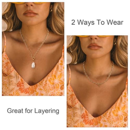NUZON Sunburst Heart / 2-Tone Interlocking/CZ Evil Eye/Single Pearl/Love Heart Pendant Necklace for Women 14K Gold Chain Necklace Chunky Statement Jewelry - color: Detachable Pearl Pendant