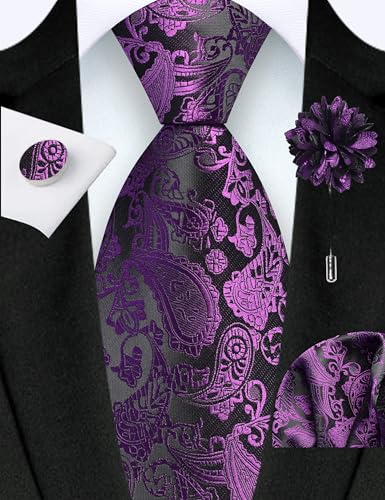 GUSLESON 3.15"（8cm） Mens Paisley Tie and Lapel Pin Necktie Hankerchief Cufflinks Set for Men - color: Dark Purple-2