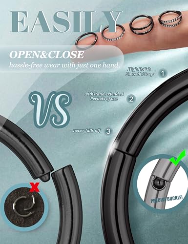 Dochais 4PCS 18G Nose Rings Hoops, Surgical Steel Earrings Tragus Septum Piercing CZ Clicker Ring, Hinged Segment Conch Lip Cartilage Double Hoops 8mm 10mm for Women Men - color: Black, size: 16G(1.2mm),10mm