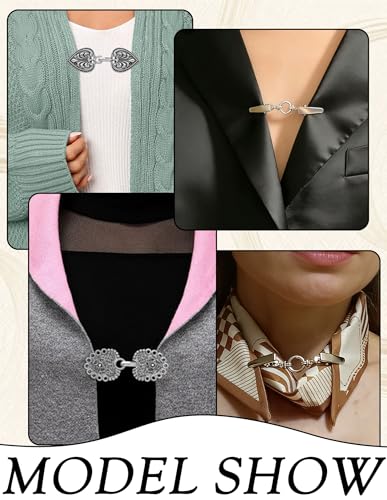 Akeoqi 10Pcs Vintage Sweater Shawl Clips Retro Cardigan Swirl Cape Cloak Collar Clasps Hearts Flowers Geometric Patterns Brooches Dress Jackets Shirt Waist Cincher for Women Men Silver Plated