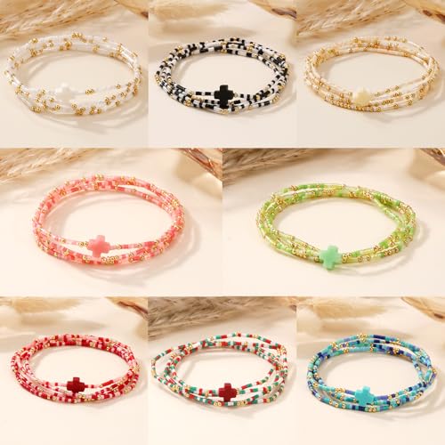 Christian Cross Christmas Stackable Seed Beaded Bracelets for Women, Boho Colorful Healing Stretch Accessories God Christ Pray Faith Amulet Jewelry, Daily Party Holiday Friendship Gift - color: Black