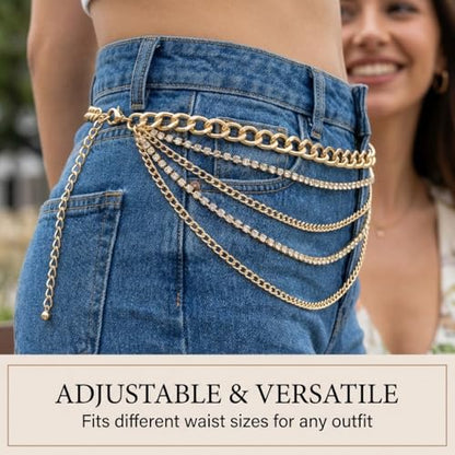 Waist Chain for Women - Silver Body Chain Crystal Body Jewelry, Stylish Adjustable Belt for Summer Beach Bikini Rave Festival Outfit Accessories - color: Gold-1