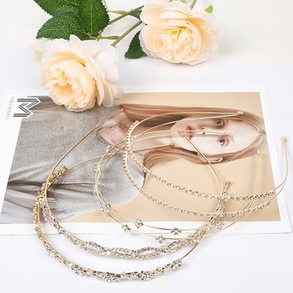 Rhinestone Headbands for Women Silver Bridal Headband Crystal Headpiece | Flower Leaf Girl Tiara Crown Head Band Wedding Hair Accessories for Girls, 4 Pcs - color: Gold