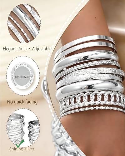 ÌF ME Gold Bangle Bracelets for Women, Indian Bangles Stackable Set, Multi Layer Textured 18K Gold Plated Chunky Bracelets Boho Jewelrys Set - style: C-silver-10PCS Chunky bangle