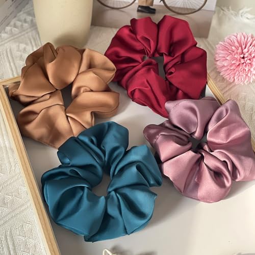 Big Satin Scrunchies for Women, 5.2 Inches Large Scrunchie, Silk Elastic Ponytail Holders for Girls, Jumbo Hair Ties for Thick/Curly Hair, Soft Scrunchy No Crease No Pilling, 4 Pack - color: Pruple+Coffee