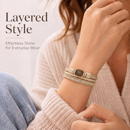 Fesciory Leather Wrap Bracelet for Women, Boho Western Layered Cuff Jewelry | Stackable Bracelets, Easy-On Clasp, Daily Wear, Pairs with Boho Western Outfits, Gift for Women - color: Beige1
