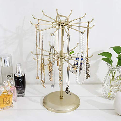 MyGift Brass Metal Rotating Jewelry Stand with 24 Hooks, 2 Tier | Stores Necklaces, Bracelets, Earrings, Keychains & Accessories with Smooth 360° Rotating Display Design - color: Brass (2 Tier)