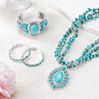 NEWITIN 4 Pieces Silver Bohemian Jewelry Set for Women Fashion Costume Jewels Turquoise Necklace Bracelet Earrings Western Turquoise Jewelry Set for Women - color: Turquoise B