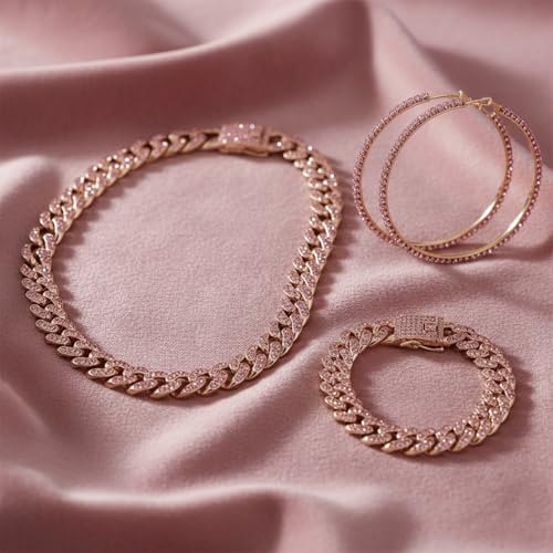 Batiyeer 3 Pcs Cuban Link Chain Necklace Bracelet Rhinestone Hoop Earrings Bling Crystal Hip Hop Jewelry for Women(16 Inch,Rose Gold Pink) - color: Rose Gold Pink, size: 16 Inch