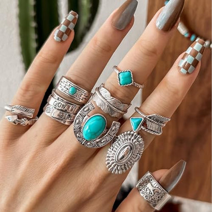 Airvess Vintage Knuckle Rings Set, Chunky Turquoise Stackable Rings, Silver Joint Finger Stacking Rings, Bohemian Western Jewelry for Women - style: 9 Pcs