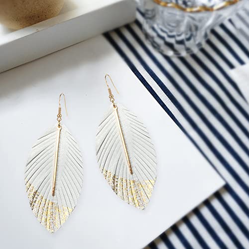 Bohemian Handmade Lightweight Color Large Genuine Soft Leather Fringe Feather Leaf Tear Dangle Drop Earrings for Women Statement - color: 2-White