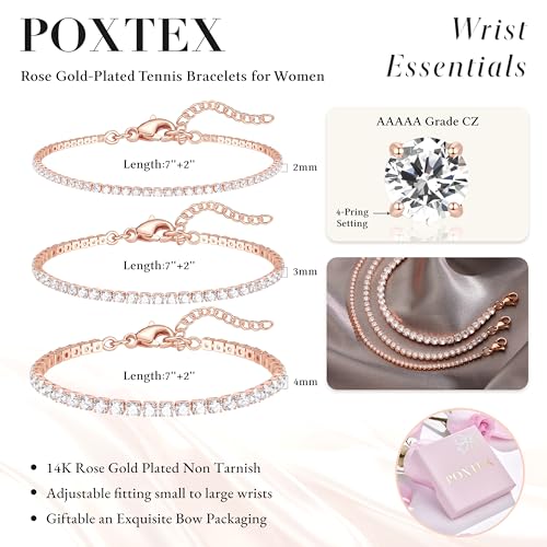 925 Sterling Silver Bracelets for Women Stack, Trendy Tennis Bangle Cuff Jewelry Set 14K Gold Plated, Adjustable Bracelet Set for Wrist Essentials, Women Fashion Watch Band Acecessories - style: Bracelet_3pcs(Rose Gold Tennis Set)