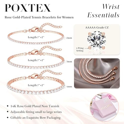 925 Sterling Silver Bracelets for Women Stack, Trendy Tennis Bangle Cuff Jewelry Set 14K Gold Plated, Adjustable Bracelet Set for Wrist Essentials, Women Fashion Watch Band Acecessories - style: Bracelet_3pcs(Rose Gold Tennis Set)