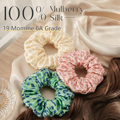 ZIMASILK 100% Pure Mulberry Silk Hair Scrunchies for Women | No Damage - Gentle Elastic Hair Ties for Ponytail Holder - Hair Accessories (3 Pack, Leopard Print) - color: Leopard Print (3pcs)