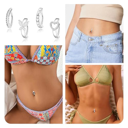 Kenivira 8 Pcs Belly Button Ring Hypoallergenic Surgical Steel CZ Belly Button Rings For Women Clicker Navel Piercing Jewelry - color: Silver
