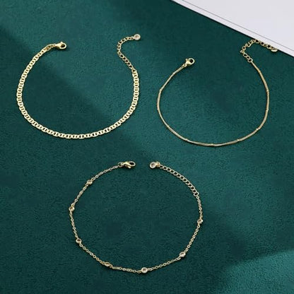 MFRYK Gold Ankle Bracelets for women,14k Gold/Silver Plated Waterproof Layered lightweight Cuban Link Figaro Chain Heart anklet butterfly anklet Pearl Ankle Bracelets Set Gold Anklets for women Trendy Jewelry Gift for Women - style: 3 anklets CZ satellite