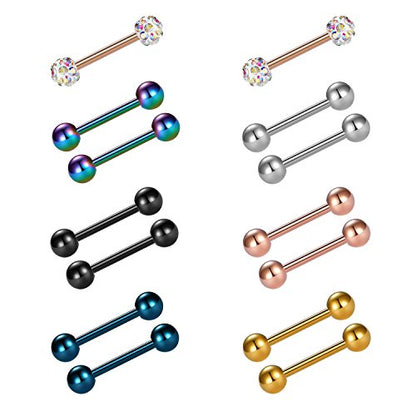 VCMART 12mm-18mm 14G Tongue Rings Nipple Straight Barbells Surgical Steel Body Piercing Jewelry - style: Style B -14pcs