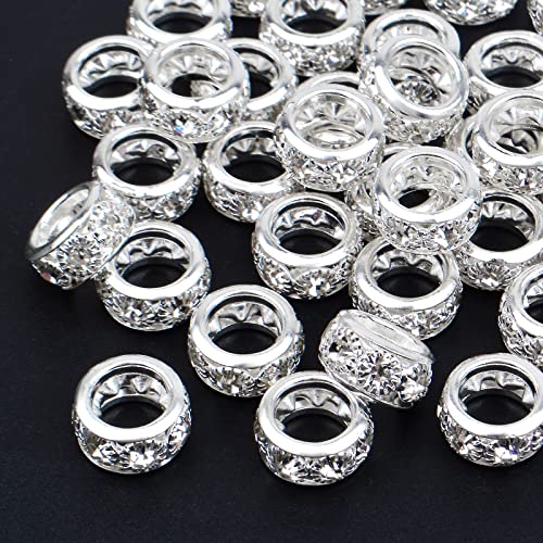 BronaGrand 40pcs 12mm Large Hole Rhinestone European Beads, Crystal Rondelle Spacer Beads Round Loose Beads for Snake Chain Bracelet DIY Jewelry Making, Hole: 8mm - color: Silver, size: 12MM