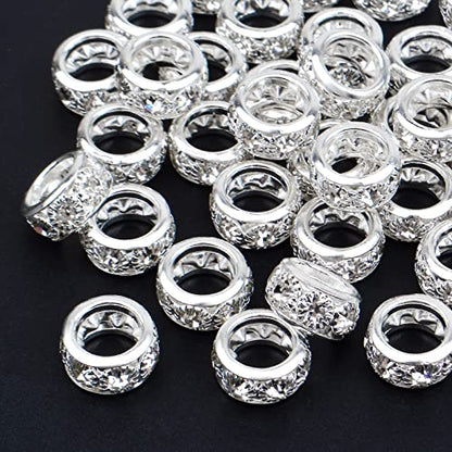 BronaGrand 40pcs 12mm Large Hole Rhinestone European Beads, Crystal Rondelle Spacer Beads Round Loose Beads for Snake Chain Bracelet DIY Jewelry Making, Hole: 8mm - color: Silver, size: 12MM