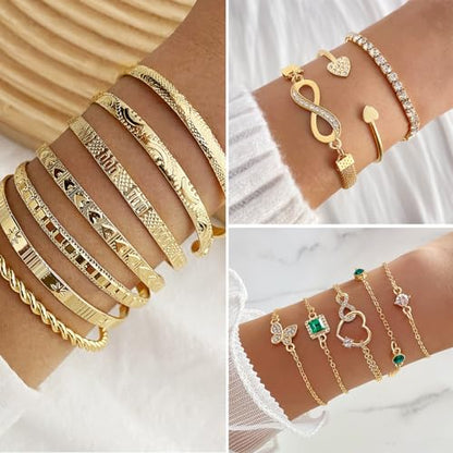 IFKM Gold Plated Jewelry Set for Women,14k Gold Plated Multi Layer Necklaces Stackable Bangle Bracelets Stackable Knuckle Rings Hoop Earrings Set Anniversary Trendy Elegance Charms Anniversary Birthday Jewelry Gift - color: Gold stackable
