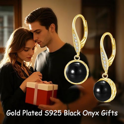 925 Sterling Silver 8mm Pearl Dangle Drop Earrings Moonstone Larimar Opal Rose Quartz Black Pearl Leverback Earrings for Women Christmas Gifts for Her - style: Black Onyx Earrings Golden