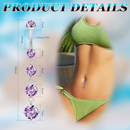 14G G23 Pure Titanium Dangle Belly Button Rings for Women Dangling Belly Ring Curved Barbell Internally Threaded Navel Rings CZ Navel Piercing Jewelry - color: Purple