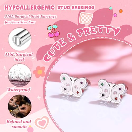 10Pairs Hypoallergenic Screw Back Earrings for Women Girls Stainless Steel | CZ Heart Butterfly Ball Stud Earrings Multicolored Cat Rainbow Screwback Stud Earrings Set Over 3 Years Old - style: flower earrings