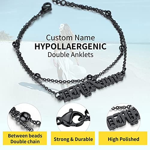 ChainsHouse Double Layer Anklet Bracelet for Women,Adjustable Chain Anklets Stackable Dainty Anklets,Stainless Steel/Gold Plated/Black Ankle Jewelry Gifts - color: C-Black-Bead Chain