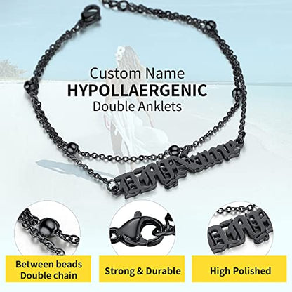 ChainsHouse Double Layer Anklet Bracelet for Women,Adjustable Chain Anklets Stackable Dainty Anklets,Stainless Steel/Gold Plated/Black Ankle Jewelry Gifts - color: C-Black-Bead Chain