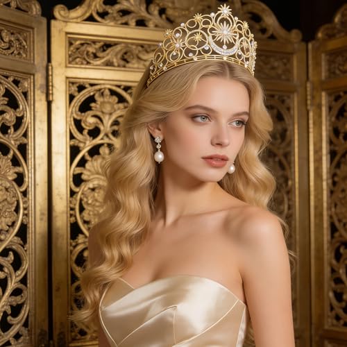 Crystal Crowns for Women, Crystal Bubble TiaraBride Royal Queen Headband Princess Headpieces for Women Bridal Wedding Prom Birthday Party Crowns - color: Golden Star & Moon Crown