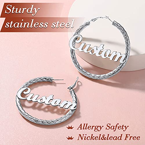 FindChic Chunky Hoop Earrings for Women, Silver/Black/14K Gold Plated Crossover Patterned Hollow Tube Rounded Loop Earrings, 30mm/40mm/60mm/80mm Hoops with Custom Name Options and Gift Box - color: e.Silver (Custom Name), size: 60MM