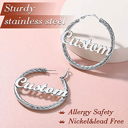 FindChic Chunky Hoop Earrings for Women, Silver/Black/14K Gold Plated Crossover Patterned Hollow Tube Rounded Loop Earrings, 30mm/40mm/60mm/80mm Hoops with Custom Name Options and Gift Box - color: e.Silver (Custom Name), size: 60MM