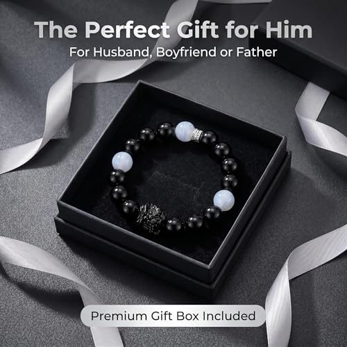Black Obsidian Beaded Bracelet with Pixiu Charm for women men | Natural Stone with Sapphire Beaded, Good Luck, Wealth, Feng Shui,Matching bracelets for couples,Friendship bracelets - color: Black