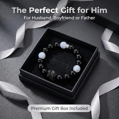 Black Obsidian Beaded Bracelet with Pixiu Charm for women men | Natural Stone with Sapphire Beaded, Good Luck, Wealth, Feng Shui,Matching bracelets for couples,Friendship bracelets - color: Black