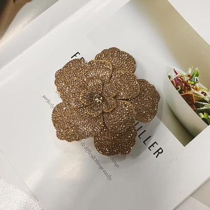 Rhinestone Flower Brooch Pin for Women Men Elegant Sparkly Crystal Camellia Floral Lapel Pins Shawl Dress Suit Clothes Accessories Wedding Party Fashion Jewelry 105mm - color: Brown