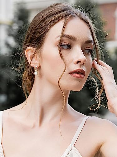 SWEETV Cubic Zirconia Pearl Drop Wedding Earrings for Brides, Ivory Bridal Pearl Earrings for Bridesmaid Jewelry Gift - color: 01.Style 1-Gold