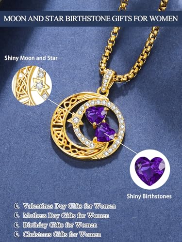 14K Gold Moon and Star Double Birthstone Necklace Gifts for Women | 2 Heart Birthstone Necklace,Mothers Day Wedding Anniversary Birthday Gifts for Wife Mom Daughter Grandma Sister - color: 02-02-Feb-Feb Birthstone