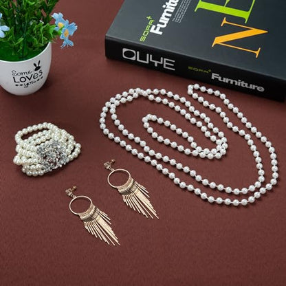 1920s Pearl Jewelry Set - Long Pearl Necklace, Earring Set, Multilayer Bracelet - Flapper Accessories for Women - color: Charming