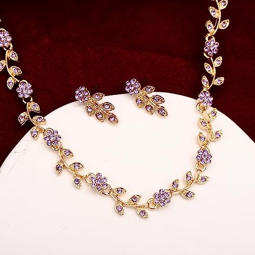 Austrian Crystal Rhinestone Choker Necklace Dangle Earring Link Bracelet Jewelry Set for Brides Bridesmaid Prom Costume Accessories for Women - color: En001-Violet-Gold Plated