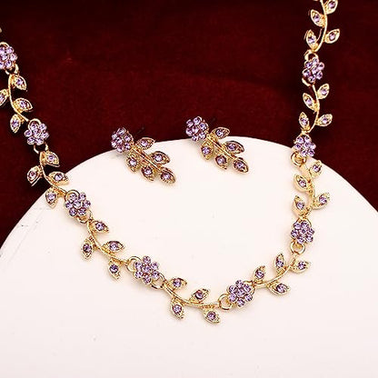 Austrian Crystal Rhinestone Choker Necklace Dangle Earring Link Bracelet Jewelry Set for Brides Bridesmaid Prom Costume Accessories for Women - color: En001-Violet-Gold Plated