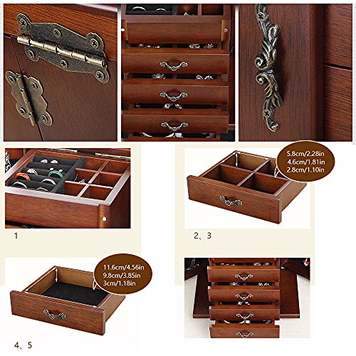Large Wooden Jewelry Box with Built-in Mirror, 5 Drawers Jewelry Case with Side Organizer, Watches Necklace Ring Storage Box for Women