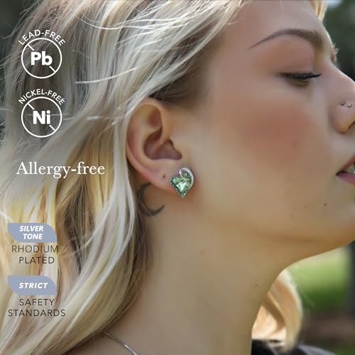 Infinity Love Heart Stud Earrings for Women, Birthstone and Healing Stone, Gifts for Mom, Wife, and Her, Silver Plated - color: 08b-August-Healing Stone for Confidence-Light Chrysolite Green