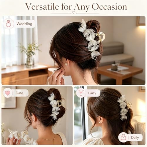 Bphne 4 Pack Pearl Butterfly Hair Clips for Women and Girls – Fabric Butterfly with Pearl Bow Decor, 6.19 Inch Large Elegant Hair Accessories, Faux Pearls Butterfly Hair Clip for Daily Styling