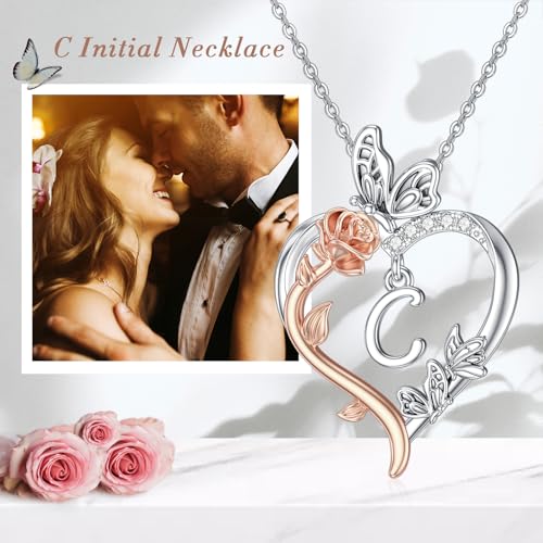 TOUPOP Gifts for Women Her 925 Sterling Silver Rose Heart Initial Necklace Butterfly Heart Jewelry Anniversary Birthday Gifts for Wife Girlfriend Mom - color: C Initial