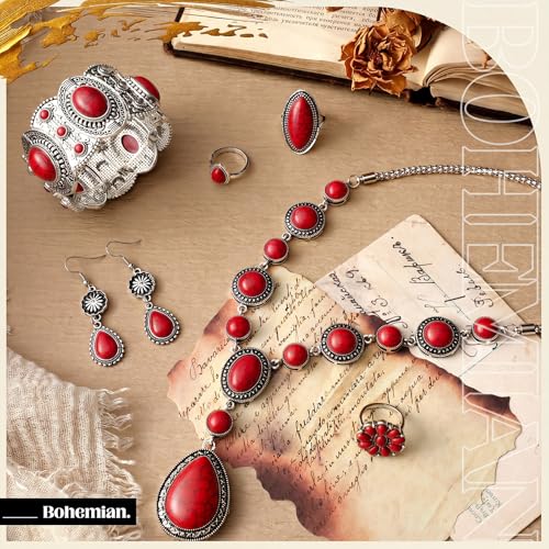 Ecally Bohemian Western Jewelry Turquoise Set Women Country Pendant Long Choker Layered Bracelets Earrings Ring for Women - color: Red, style: Stylish