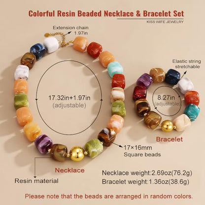 KISS WIFE Colorful Necklace and Bracelet Set for Women, Summer Beach Jewelry, Chunky Resin Square Beaded Choker Necklace, Stretch Acrylic Cube Bead Bracelet, Trendy Dopamine Dressing Jewelry Set