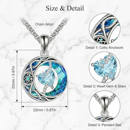 ONEFINITY Moon Star Necklace 18K White Gold Plated Celtic Moon Birthstone Pendant Necklaces Heart Birthstone Anniversary Birthday Jewelry Gifts for Women Wife Mom - style: March